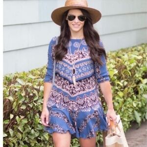 Free People Blue Smooth Talker Bohemian Tunic Mini Dress Size M Hippie Festival